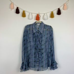 CAbi Penelope Blue Plaid Sheer Ruffle Blouse XL